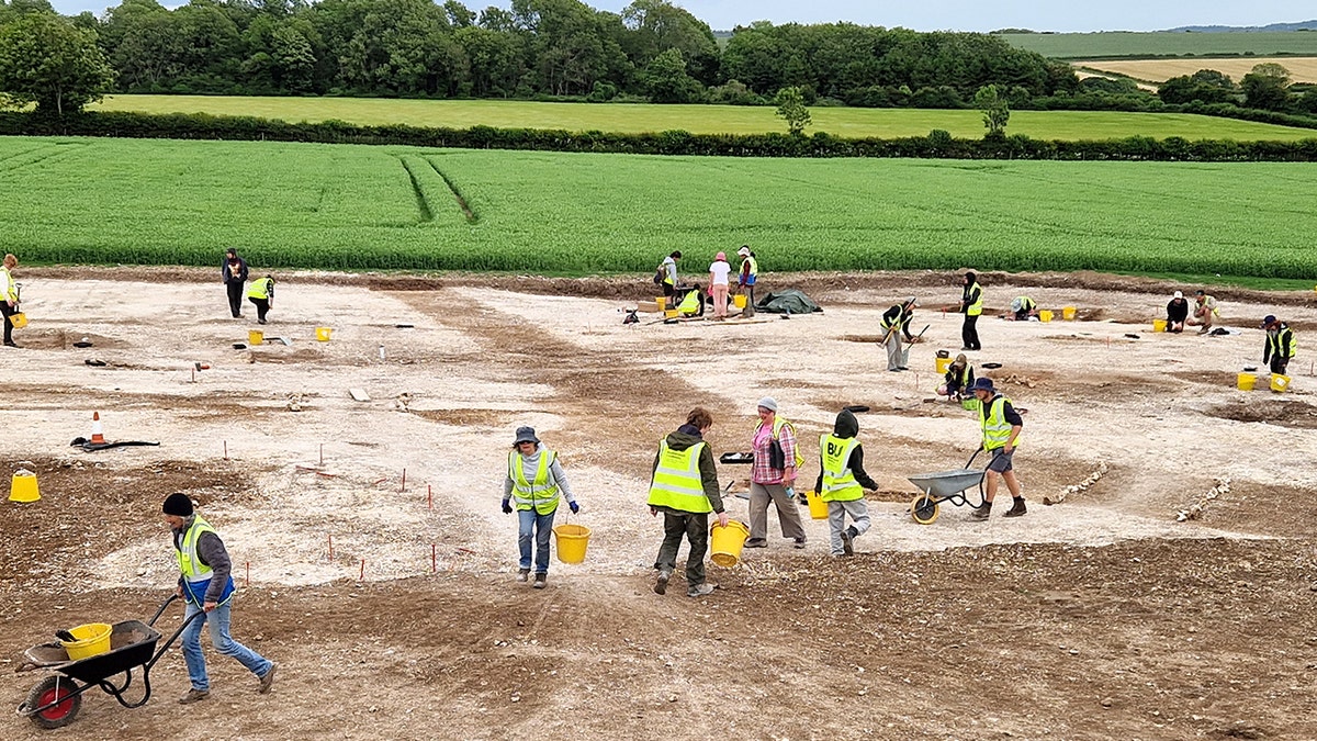 Excavators wearing vests at dig site.