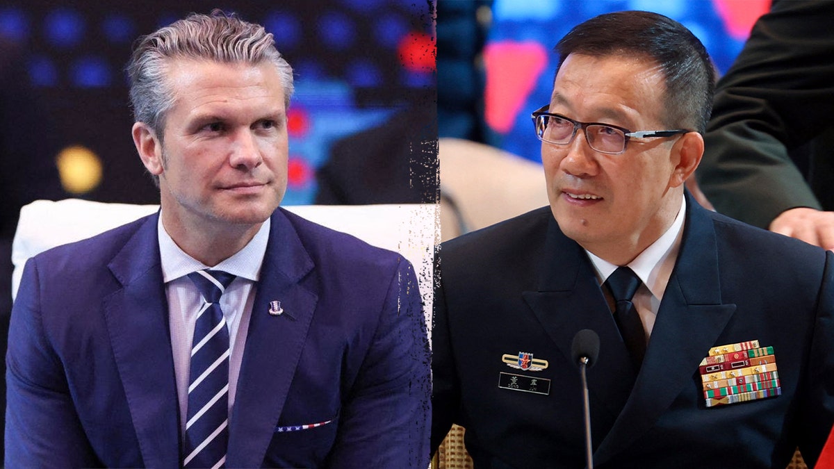 El secretario de Guerra de Estados Unidos, Pete Hegseth, y el ministro de Defensa de China, Dong Jun.