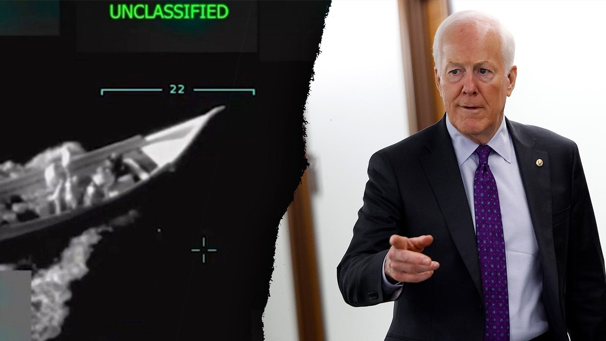 A split screen depicting missile targeting footage, left, and Senator John Cornyn, right.