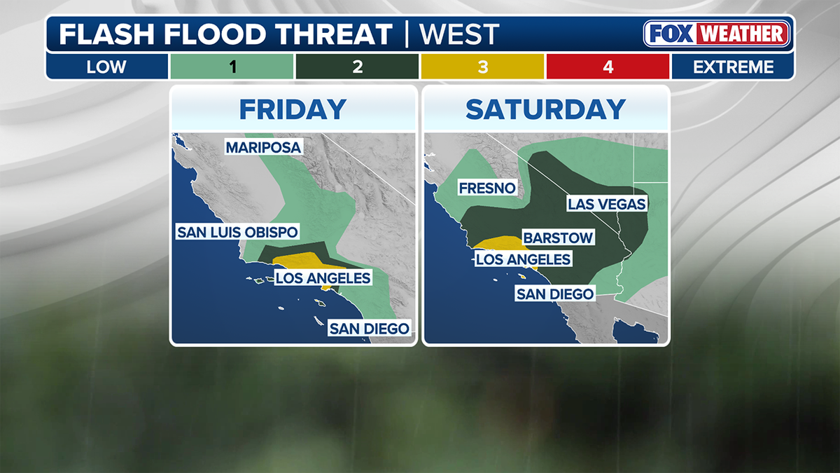 A map showing flood warnings over the Los Angeles area