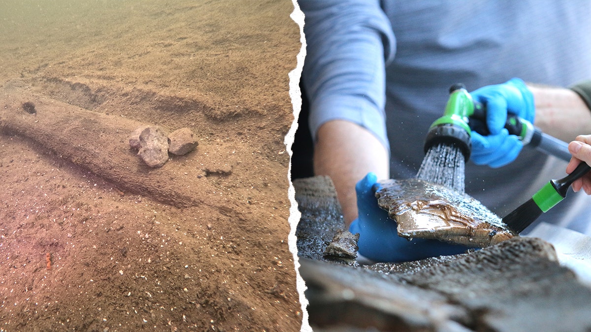 Split image of canoe at bottom of lake, person treating wood