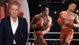 Split photo of Dolph Lundgren attending an event in Los Angeles in 2016; classic 1985 scene of Sylvester Stallone punching Lundgren in Rocky IV.