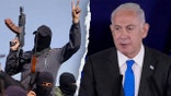 Split photo showing Benjamin Netanyahu looking towards terrorists in Gaza.