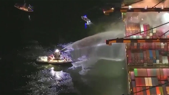 Explosion rocks burning cargo vessel as 100 firefighters battle hazmat threat - Fox News