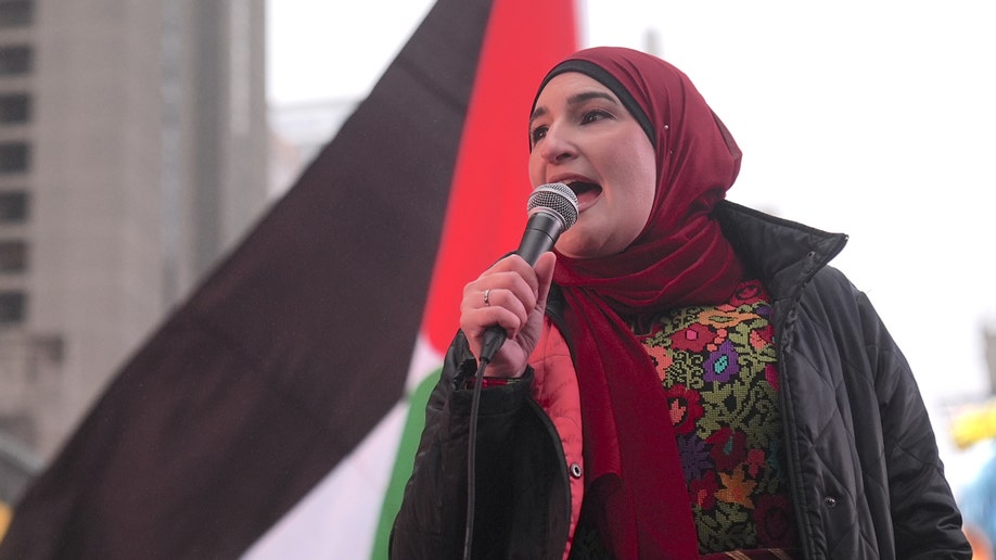 Linda Sarsour speaks at a pro-Palestinian protest