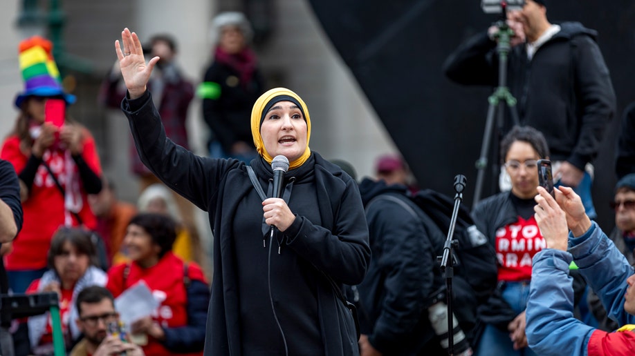 Linda Sarsour speaks at a protest outside the ICE headquarters in New York City