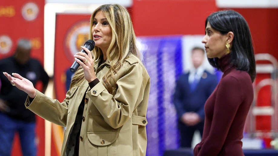 Melania Trump speaks alongside Usha Vance at Lejeune High School
