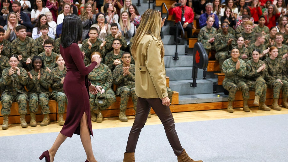 Melania Trump and Usha Vance walk out at Lejeune High School