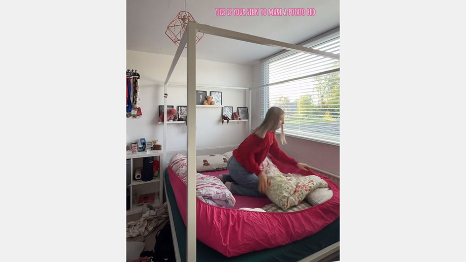 tiktok creator stuffs fitted expanse  with pillows and blankets