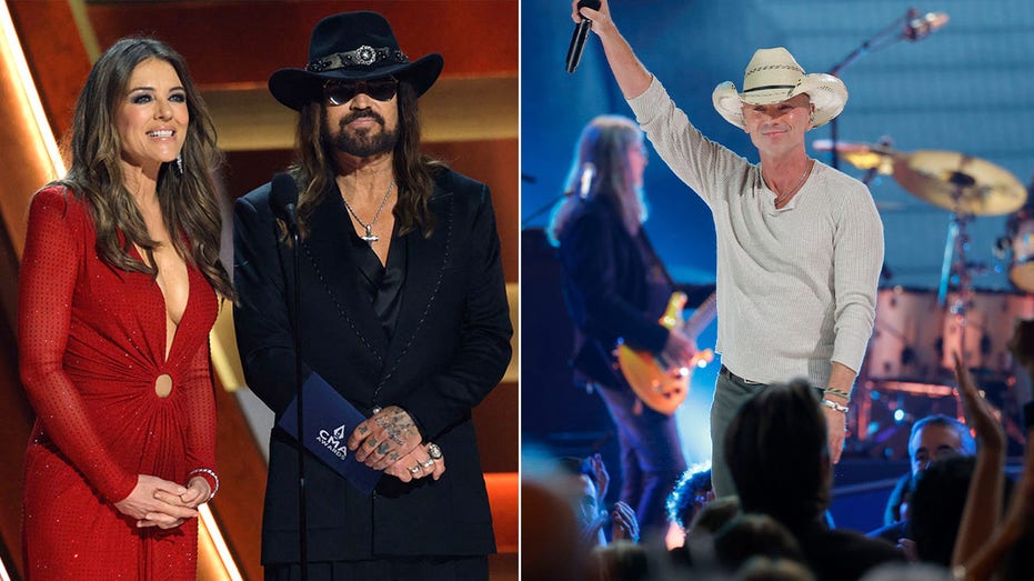 Elizabeth Hurley, Billy Ray Cyrus steal CMAs grooving to Chris Stapleton as Kenny Chesney rocks the stage