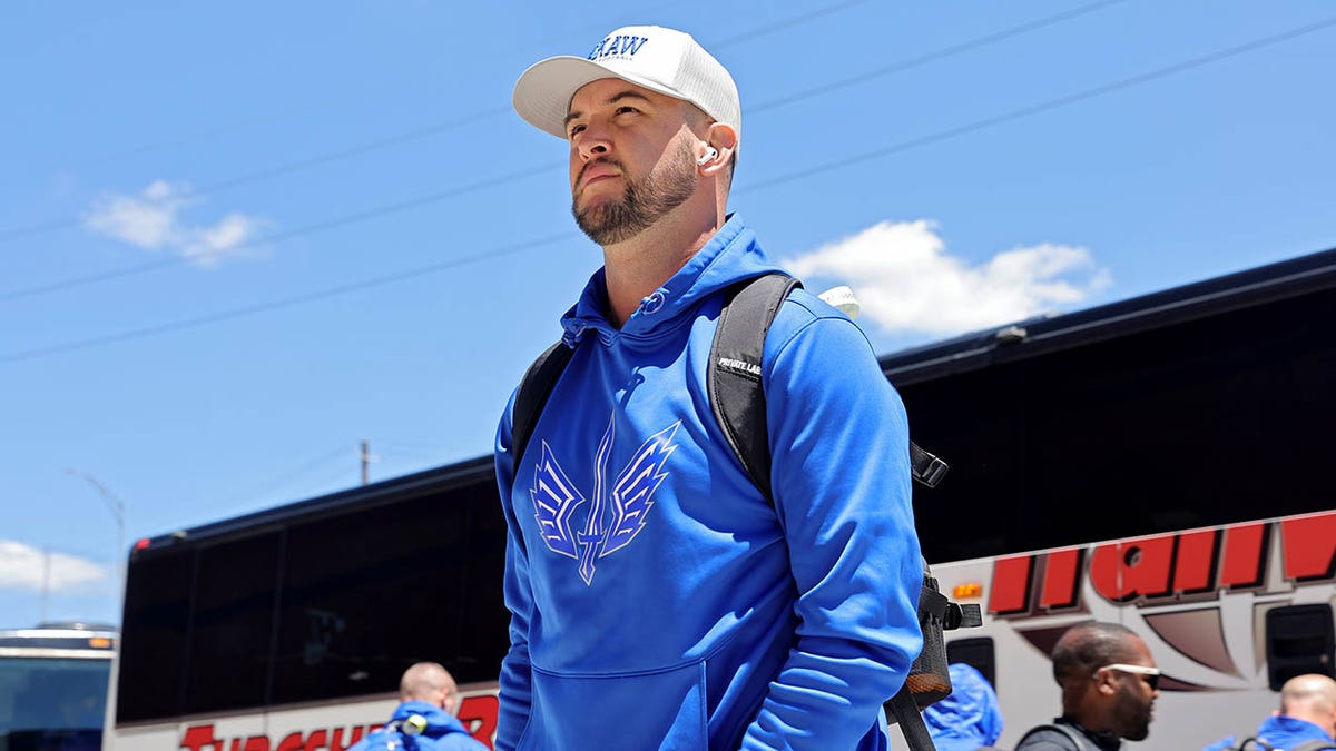 AJ Mccarron arrives at a stadium before a game