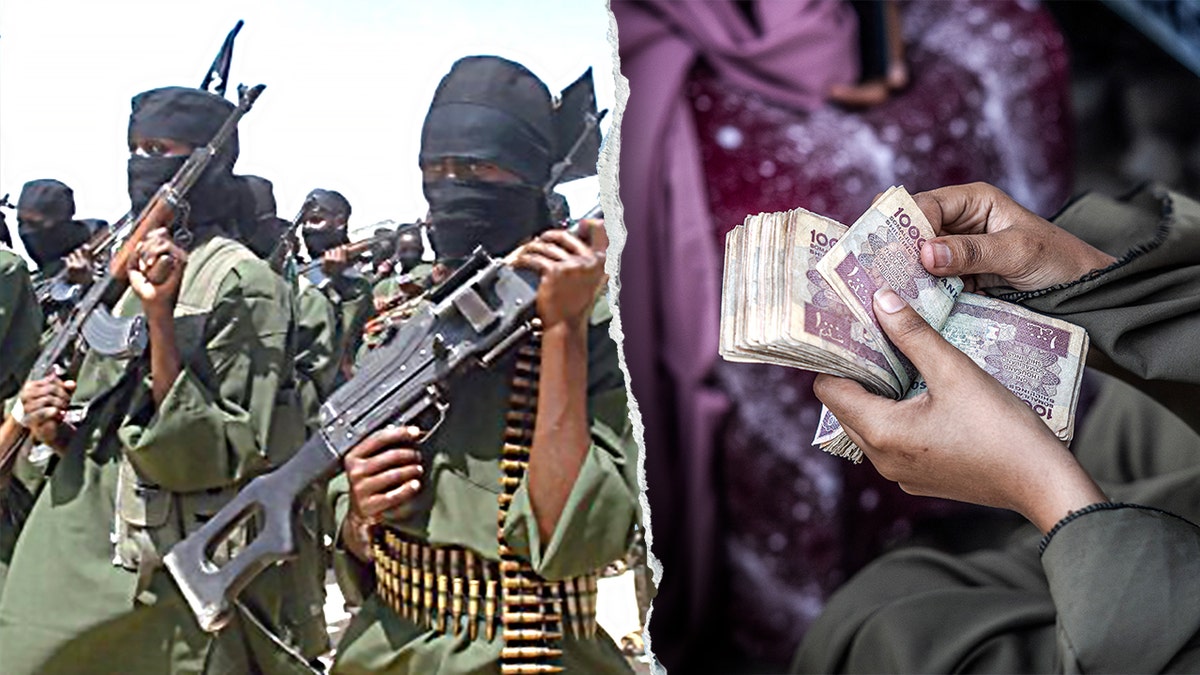 Composite image of al-Shabaab militants and a woman counting Somaliland shillings.