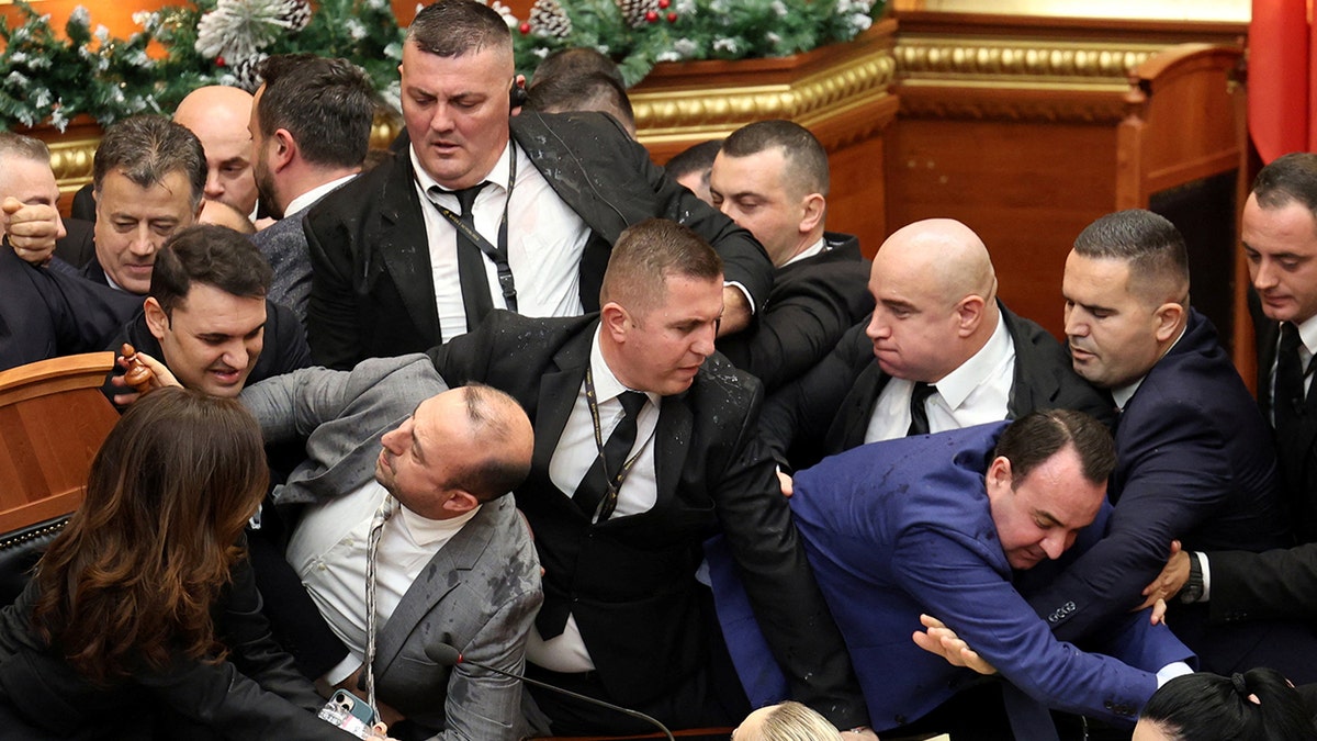 Albania parliament fight.