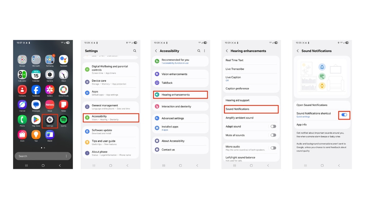 Screens side-by-side displaying how to turn on Sound Notifications
