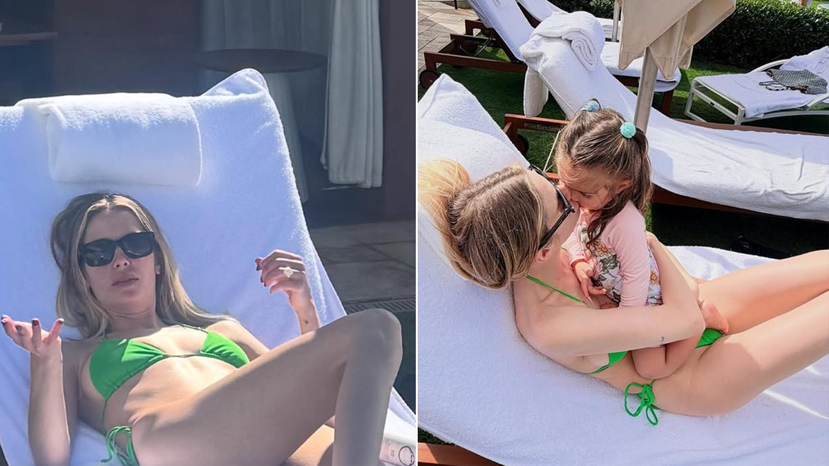 Actress Ashley Benson relaxes poolside while wearing a green bikini.