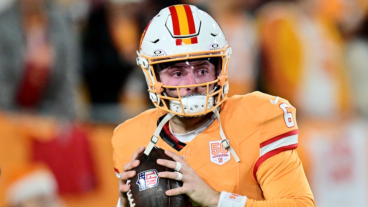 TAMPA, FLORIDA - DECEMBER 11: Baker Mayfield #6 of the Tampa Bay Buccaneers warms up prior to a game against the Atlanta Falcons at Raymond James Stadium on December 11, 2025 in Tampa, Florida. (Photo by Julio Aguilar/Getty Images)