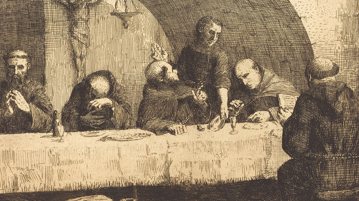 Depiction of medieval monks eating