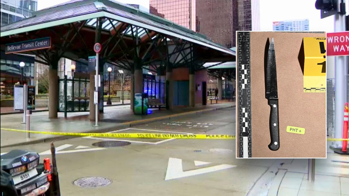 Bellevue Transit Center crime scene with inset photo of knife used in officer stabbing