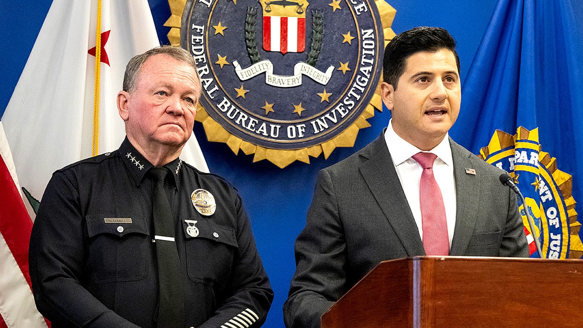 First Assistant U.S. Attorney Bill Essayli speaks at a press conference alongside LA County Sheriff Robert Luna and LAPD Chief Jim McDonnell about arrests related to an alleged extremist bombing plot.
