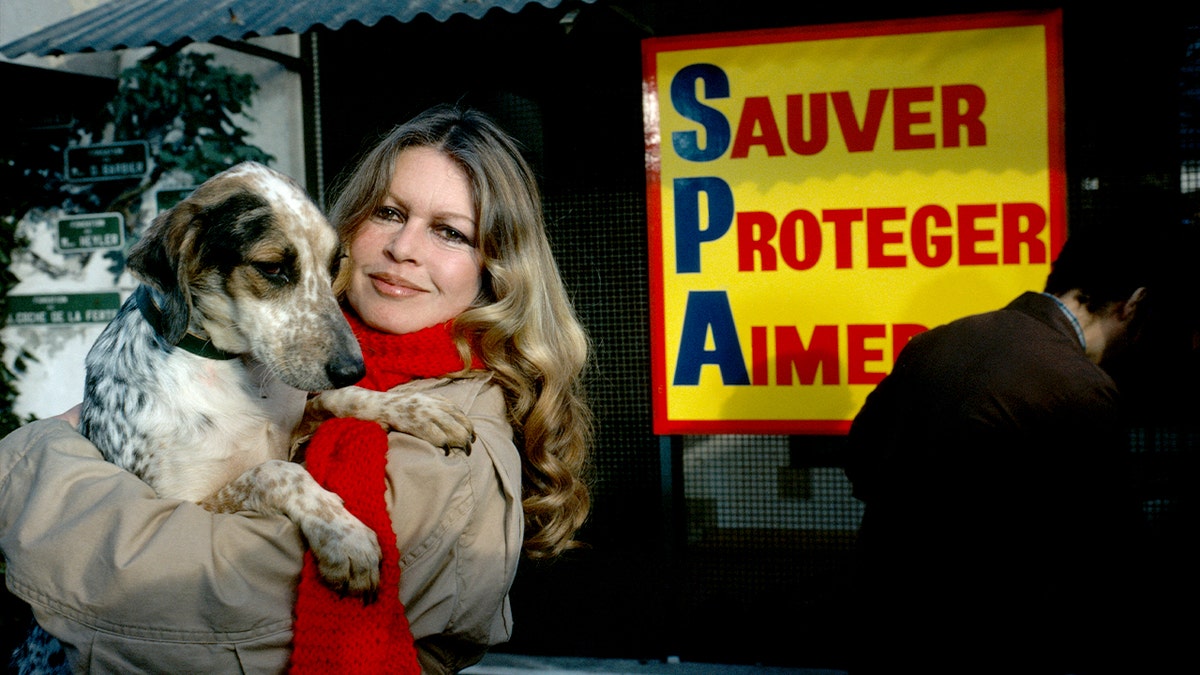 Brigitte Bardot holds a dog at an animal shelter.