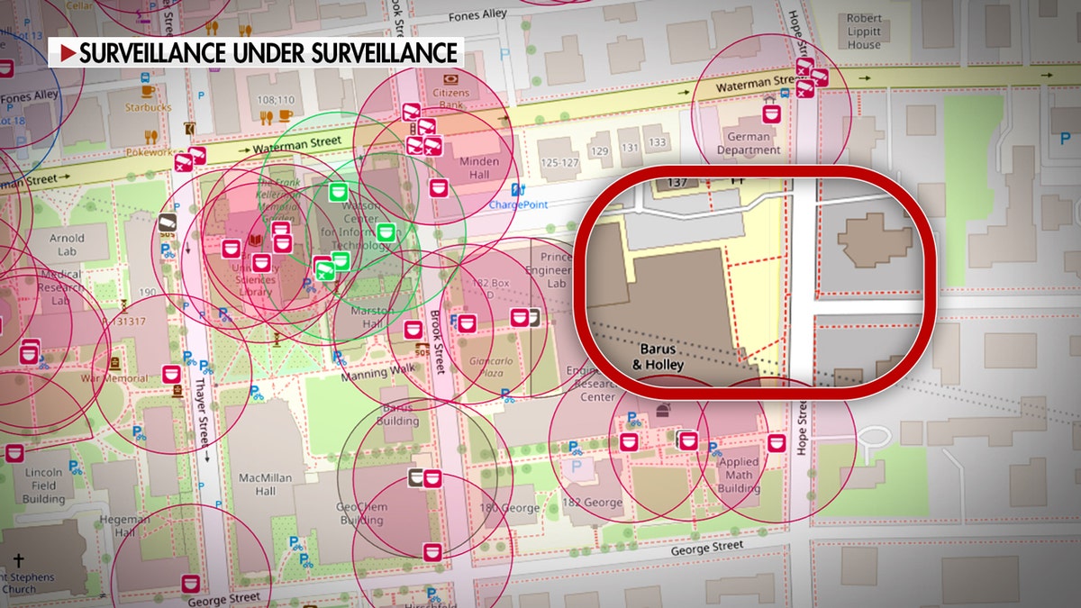 Graphic showing blind spot with no cameras on Brown's campus