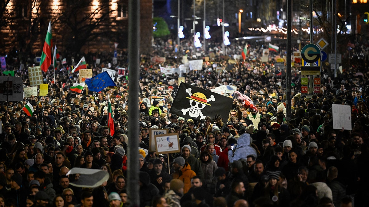 Bulgarians protest against the government.