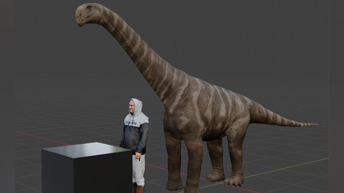 Computer graphic of dinosaur next to human