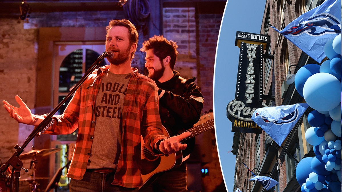 Dierks Bentley next to exterior shot of his restaurant