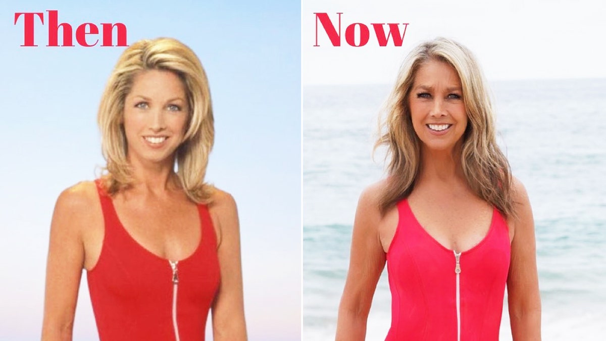 A side-by-side then and now photo of Denise Austin wearing her red swimsuit from the '90s.