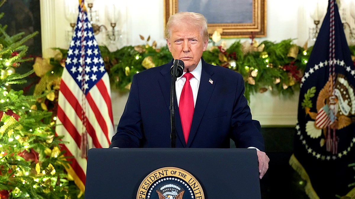 President Donald Trump delivers a televised prime-time address from the Diplomatic Reception Room of the White House.