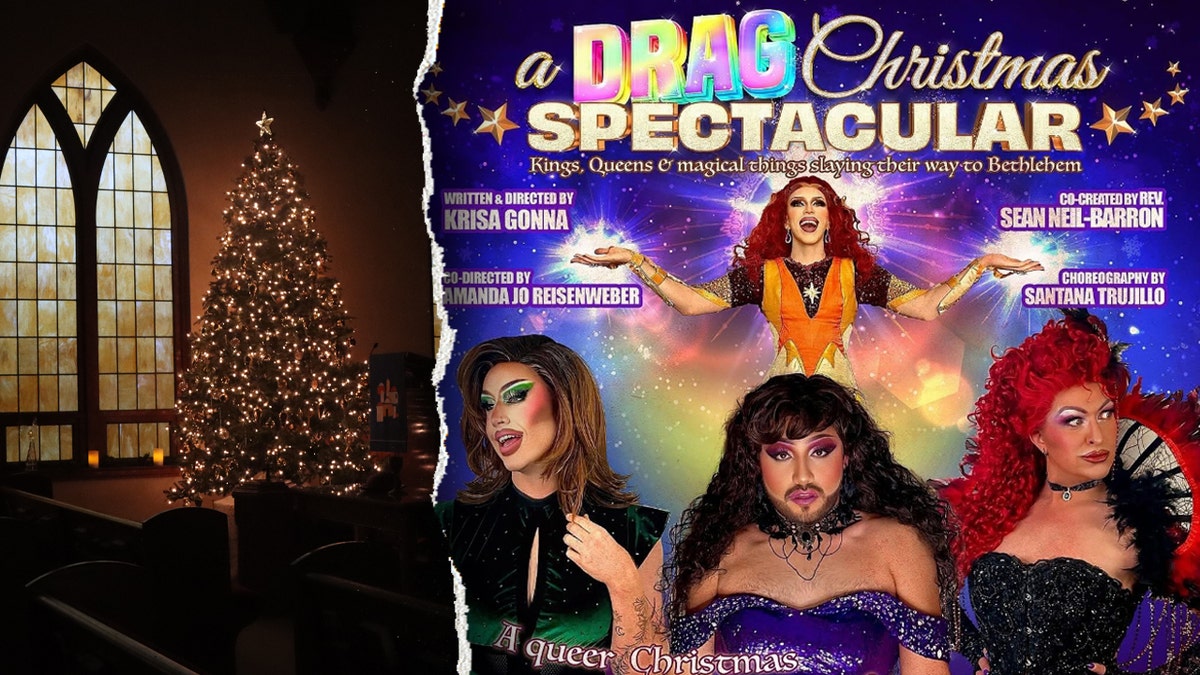 Inside a church decorated for Christmas; drag Christmas show advertisement for Colorado church