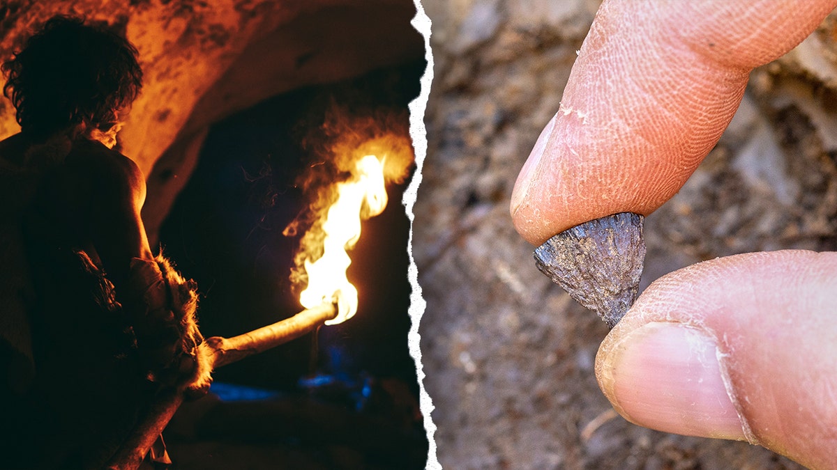 Split image of caveman holding fire, archaeologist with artifact.