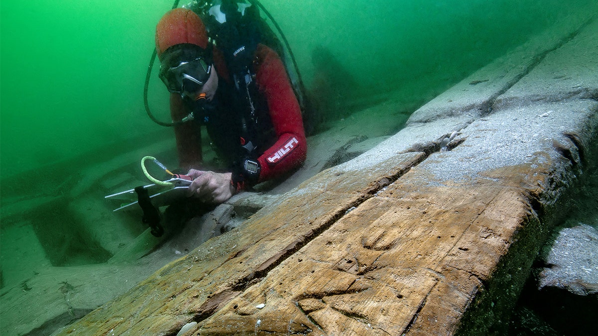 Diver inspecting greek print on wood