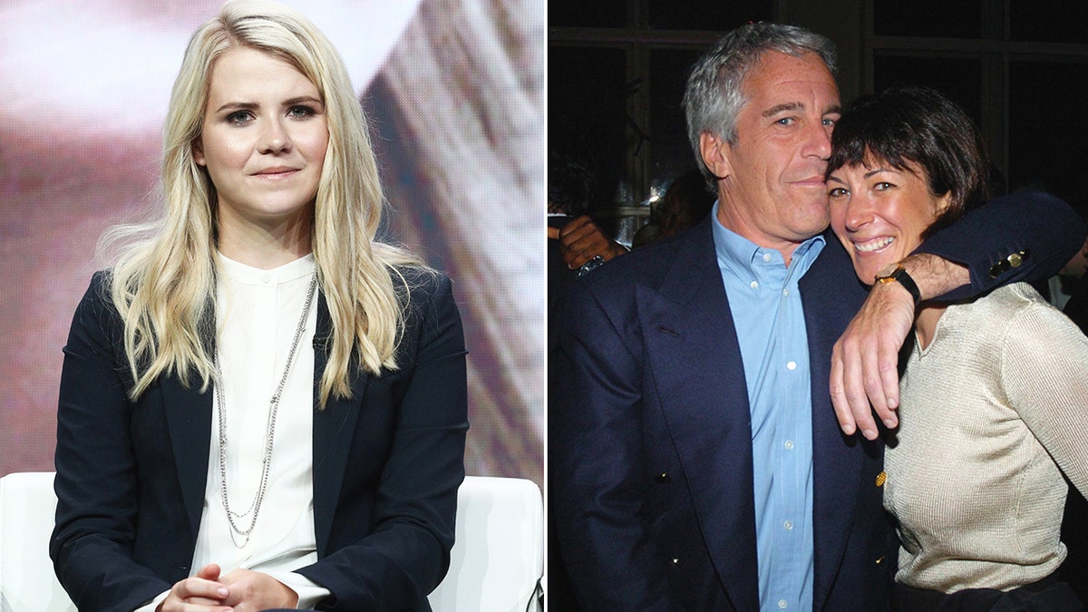 A split side-by-side image of Elizabeth Smart and Jeffrey Epstein embracing Ghislaine Maxwell.