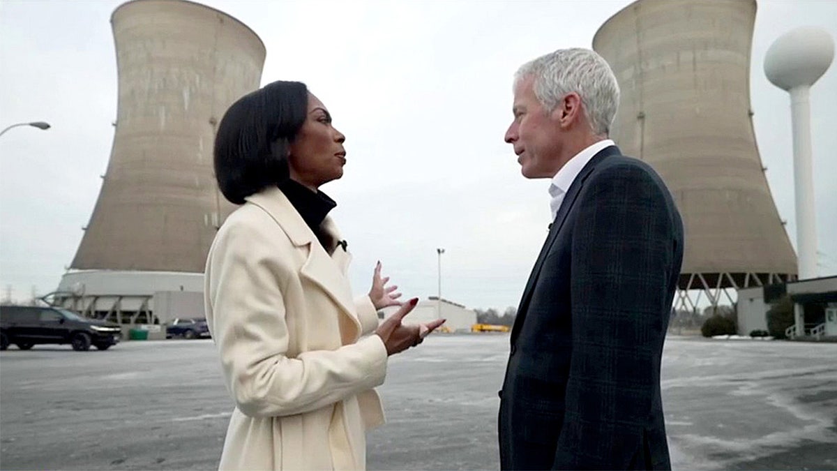 Fox News host Harris Faulkner speaks with Energy Secretary Chris Wright while standing in front of the Three Mile Island nuclear reactors.