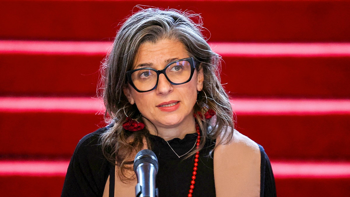 Francesca Albanese at a press conference