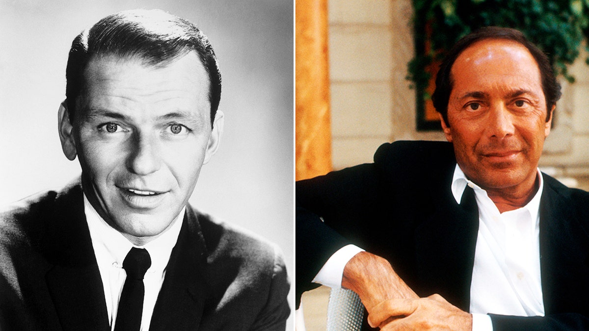 A split side-by-side photo of Frank Sinatra and Paul Anka performing on stage.