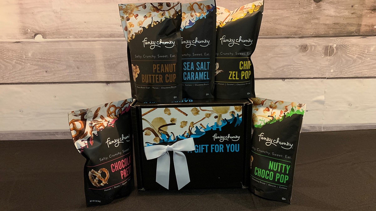 Holiday gift assortment of Funky Chunky popcorns in different flavors.