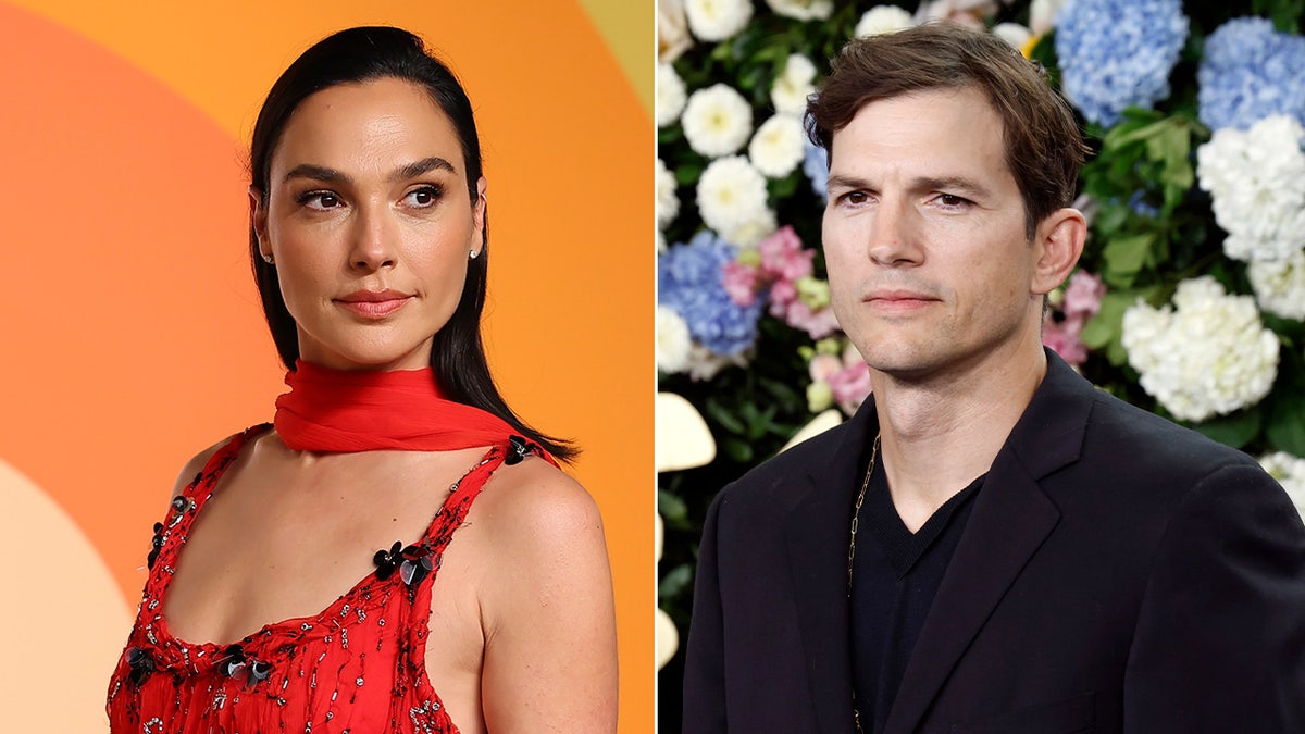 Gal Gadot smiles wearing a red dress, Ashton Kutcher sports black suit.