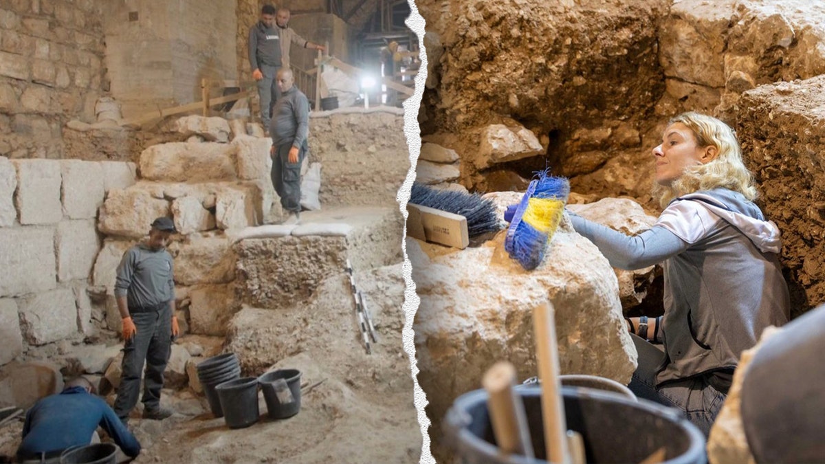 Split image of workers at site, archaeologist digging near wall