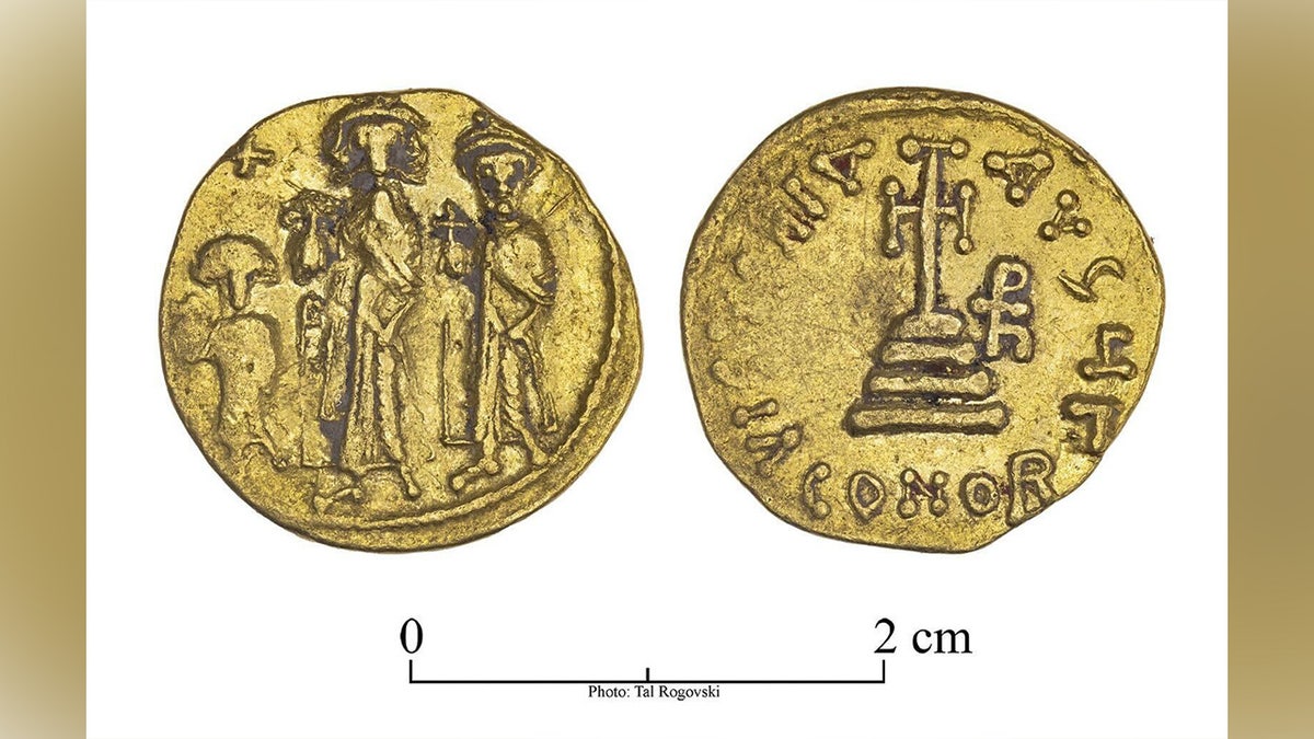 Detailed drawing of the front and back of an ancient gold coin.