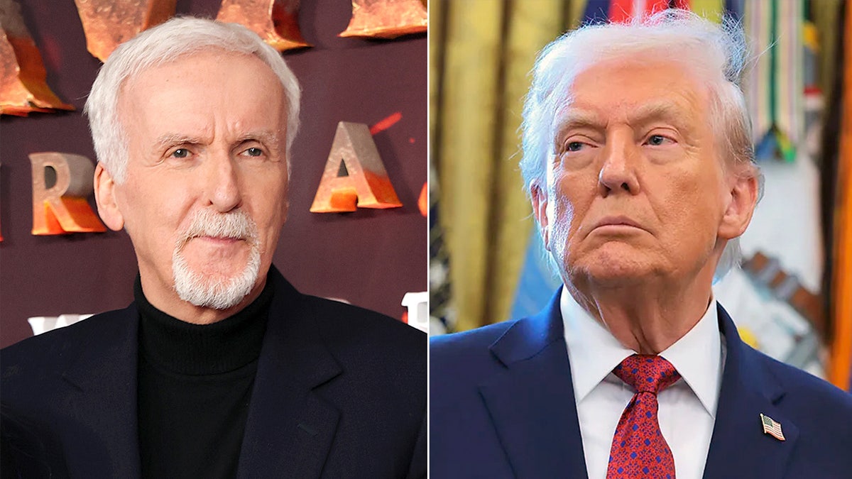 A split-screen image showing James Cameron on the left and President Donald Trump on the right.