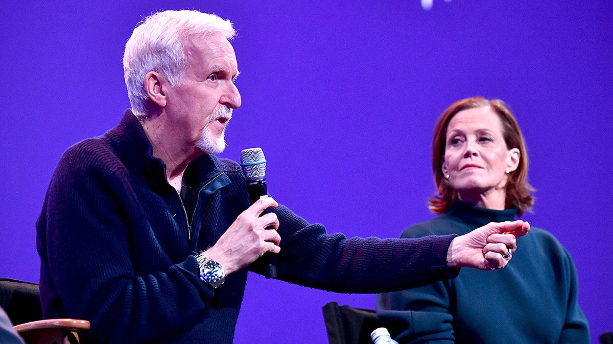 James Cameron and Sigourney Weaver speak onstage together during a special screening and Q&A about making the 'Avatar' films.