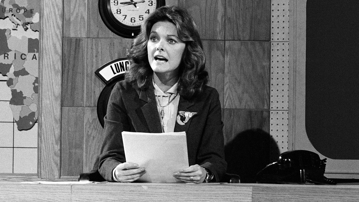 Jane Curtin hosting "Weekend Update" on "Saturday Night Live" in December 1979.