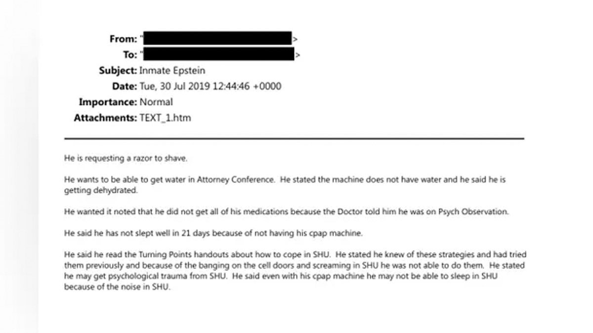 Epstein pidió una navaja para afeitarse y se quejó de la falta de agua.