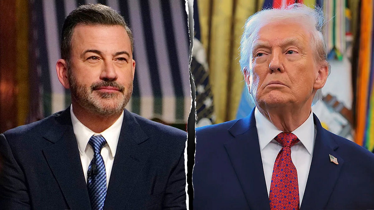 Una imagen en pantalla dividida que muestra al presentador de televisión Jimmy Kimmel a la izquierda y al presidente Donald a la derecha.