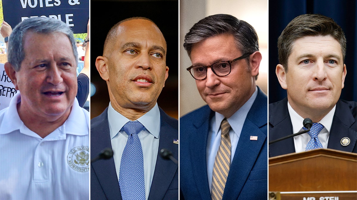Rep. Joe Morelle, Minority Leader Hakeem Jeffries, House Speaker Mike Johnson and Rep. Bryan Steil shown in split image