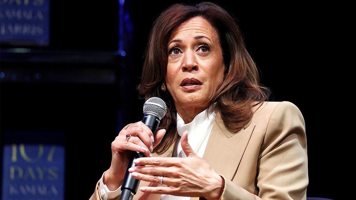 Former Vice President Kamala Harris speaks on stage during her book tour event at the Wiltern Theatre in Los Angeles.