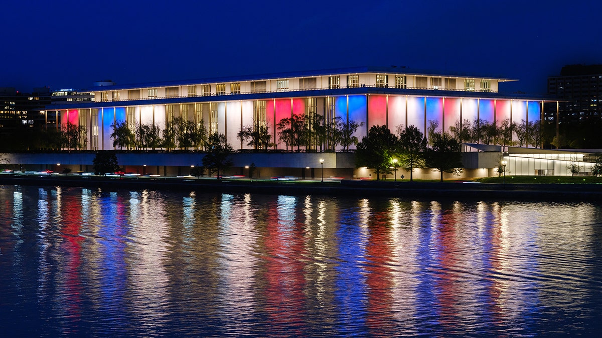 The Kennedy Center lit up in red, white, and blue