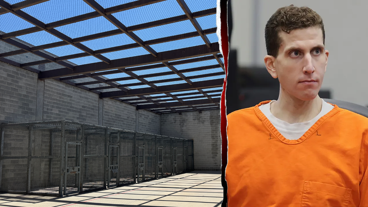 Split image shows Bryan Kohberger and the Idaho Maximum Security Institution's prison yard